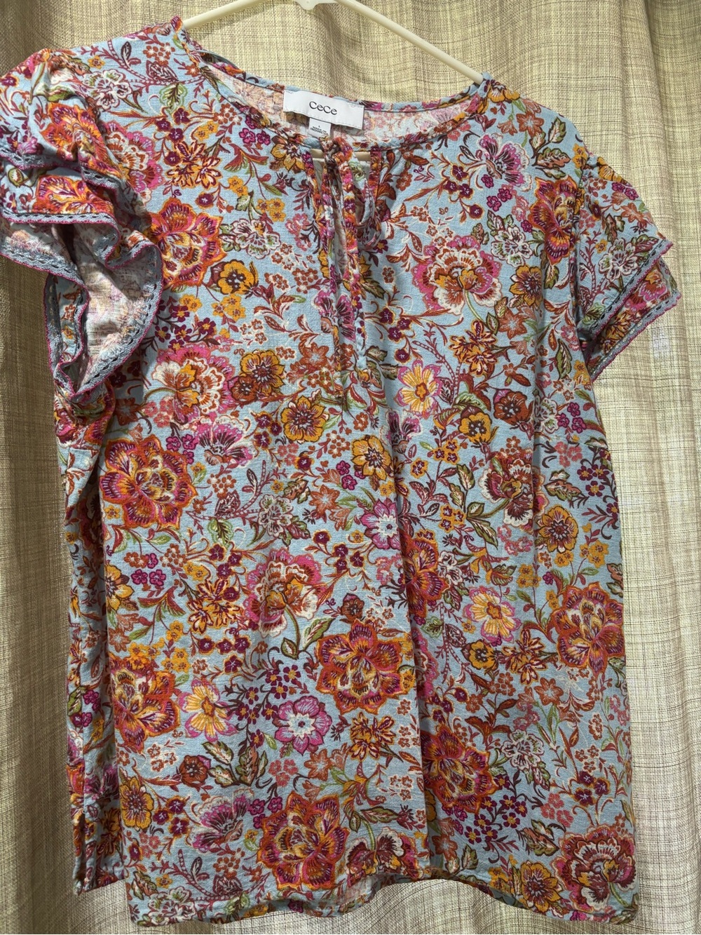 CeCe Floral Tie-Neck Blouse - Blue, Pink & Yellow